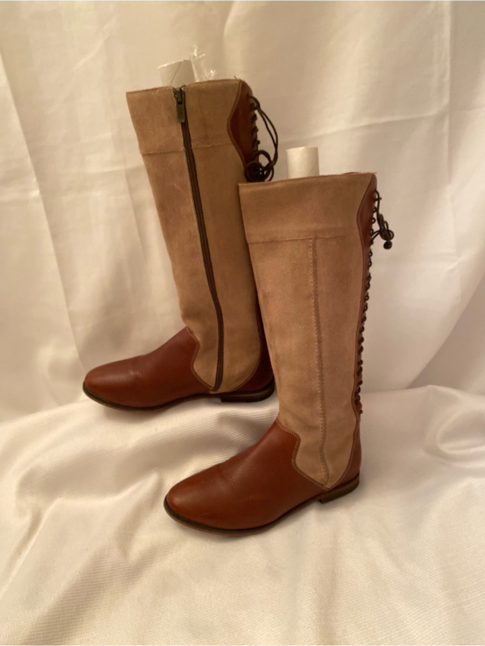 Hush Puppies Womens Size 6.5 Brown Leather Suede knee high Lace Back Riding Boot